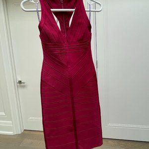 HERVE LEGER BURGUNDY V NECK BANDAGE DRESS